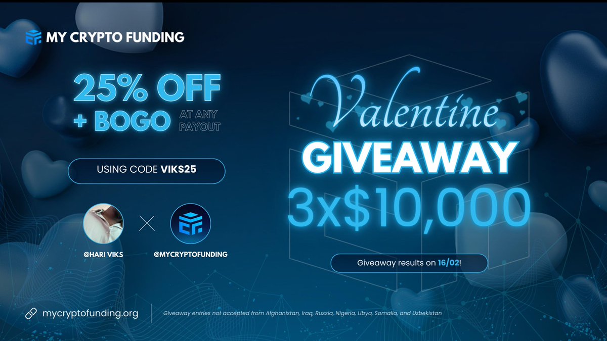 hariviks's tweet image. 💙 VALENTINE’S DAY GIVEAWAY 💙

We’re giving away 3 × $10,000 funded accounts 🎯

How to enter:

1. Like this post
2. Follow @MyCryptoFunding 
3. Follow @hariviks 
4. Repost this post
5. Tag 3 friends &amp;amp; comment your strategy

📅 Winners announced on 16/02

Bonus:

Use code…