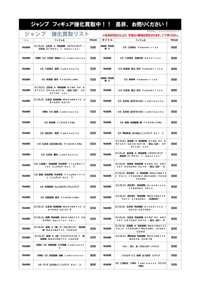 こちらのPOPですが、買取価格に一部誤りがあったため、再掲させて