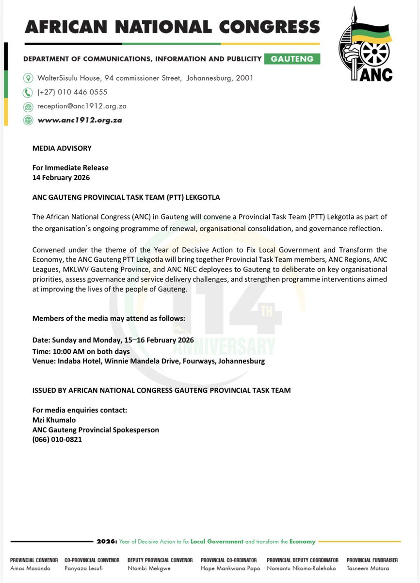 ANC GAUTENG PROVINCIAL TASK TEAM (PTT) LEKGOTLA