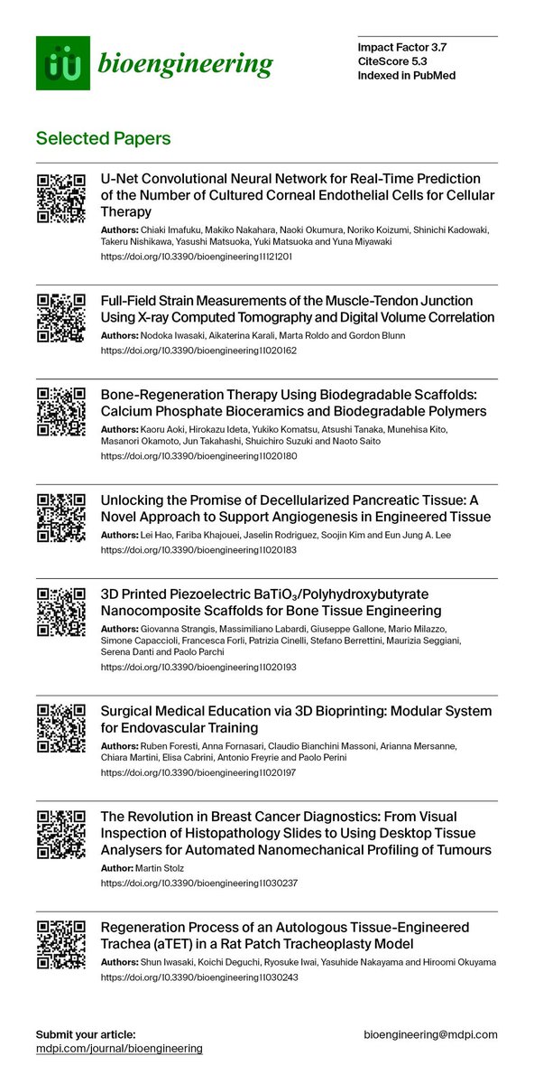 MDPIEngineering's tweet photo. π₯Check out the First Edition of our Title Story Collection from 2024
π #CellularTherapy #TissueEngineering #3DBioprinting #Biomaterials #BoneRegeneration #ScaffoldDesign #MachineLearning #UNet #MedicalImaging #Biomechanics #Nanocomposites #SurgicalTraining #CancerDiagnostics https://t.co/qec2Hql9ze