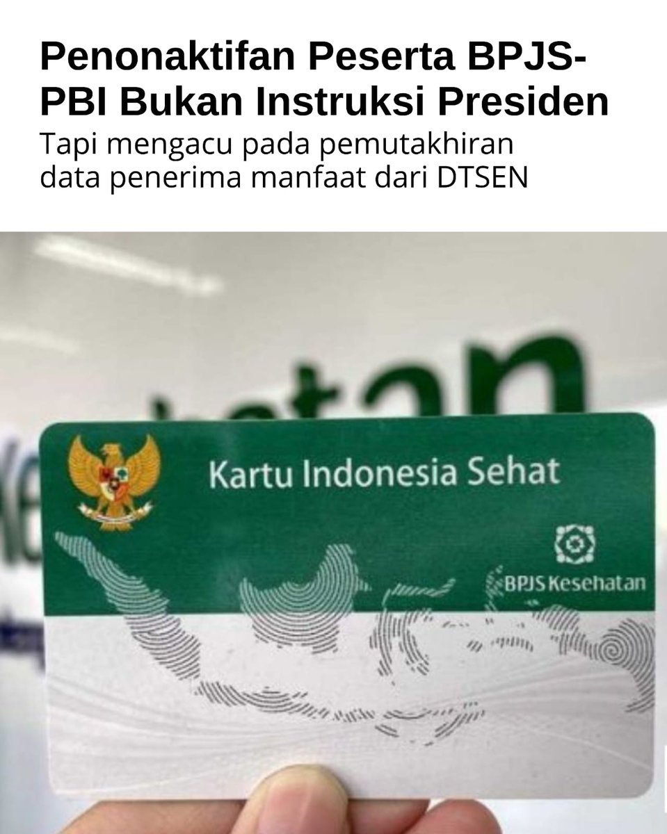 edwinbastian_'s tweet photo. Ternyata BPJS PBI yang nonaktif itu bukan karena instruksi Presiden ya. Ini murni karena update data dari DTSEN biar lebih tepat sasaran aja. Cek data kalian sekarang yuk.
#BPJSPBI #UpdateData #IndonesiaSehat #InfoKesehatan https://t.co/kWIFqPbDwD