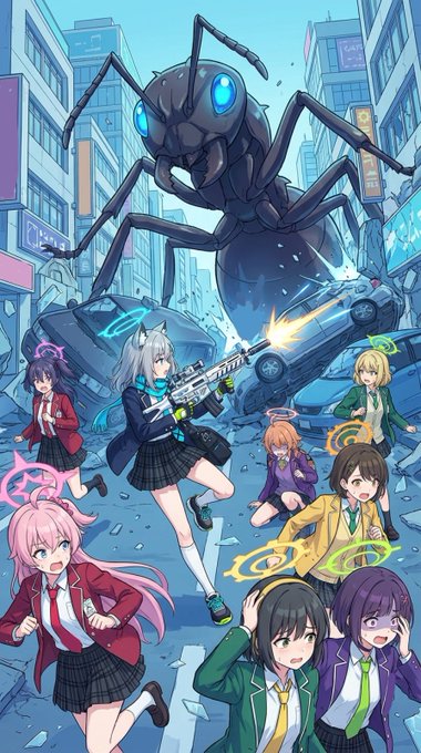 #ブルーアーカイブクロスオーバー 
#地球防衛軍 
『臨時ニュースを申し上げます臨時ニュースを申し上げます。本日正午過ぎ、〇〇区にて謎の巨大不明生物が出現し生徒たちに手当たり次第襲っているという通報が--』
「弾がないよー!」「逃げてー!」
「ん、しんがりはする」 