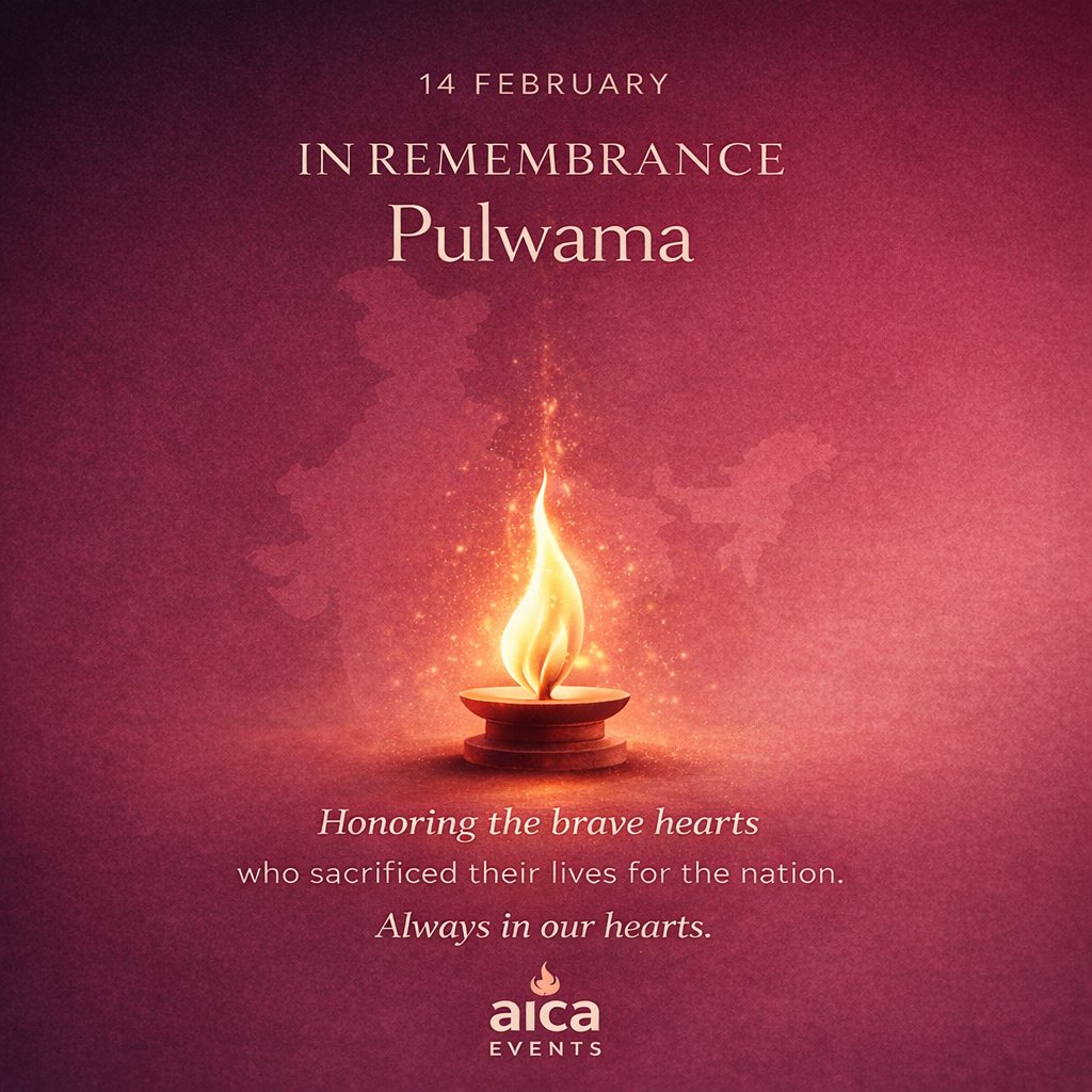 aicaevents's tweet photo. 14 February — In Remembrance.

Today, we pause to honor the brave hearts who laid down their lives for the nation.

Their sacrifice will never be forgotten.
🕯️ Forever in our hearts.

#Pulwama2019 #Tribute #InRemembrance #Respect #AICAEvents https://t.co/8PIuRru5db