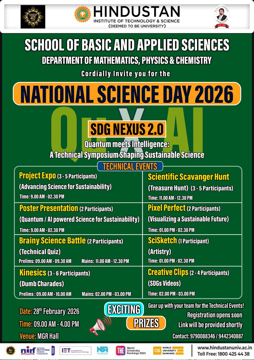 hits_maths's tweet photo. 🚀 National Science Day 2026 | SDG Nexus 2.0

Quantum meets Intelligence at Hindustan Institute of Technology &amp; Science! 🌍⚛️🤖

Gear up with your team and be part of sustainable science innovation. 💡🌱
On 28th February 2026
📍 MGR Hall
🕘 9:00 AM – 4:00 PM
🎁 Exciting Prizes! https://t.co/Bw1EYNtvWG
