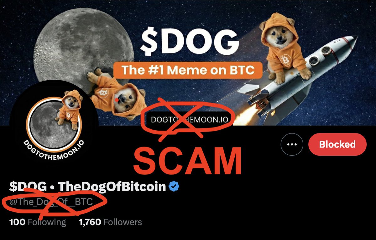 URGENT WARNING: Someone has created a scam $DOG X account that links to a website that drains your wallet

They also registered a domain that looks very similar to the real one

Please block and report: <a href="/The_Dog_Of__BTC/">$DOG • TheDogOfBitcoin</a>

Stay vigilant!!!