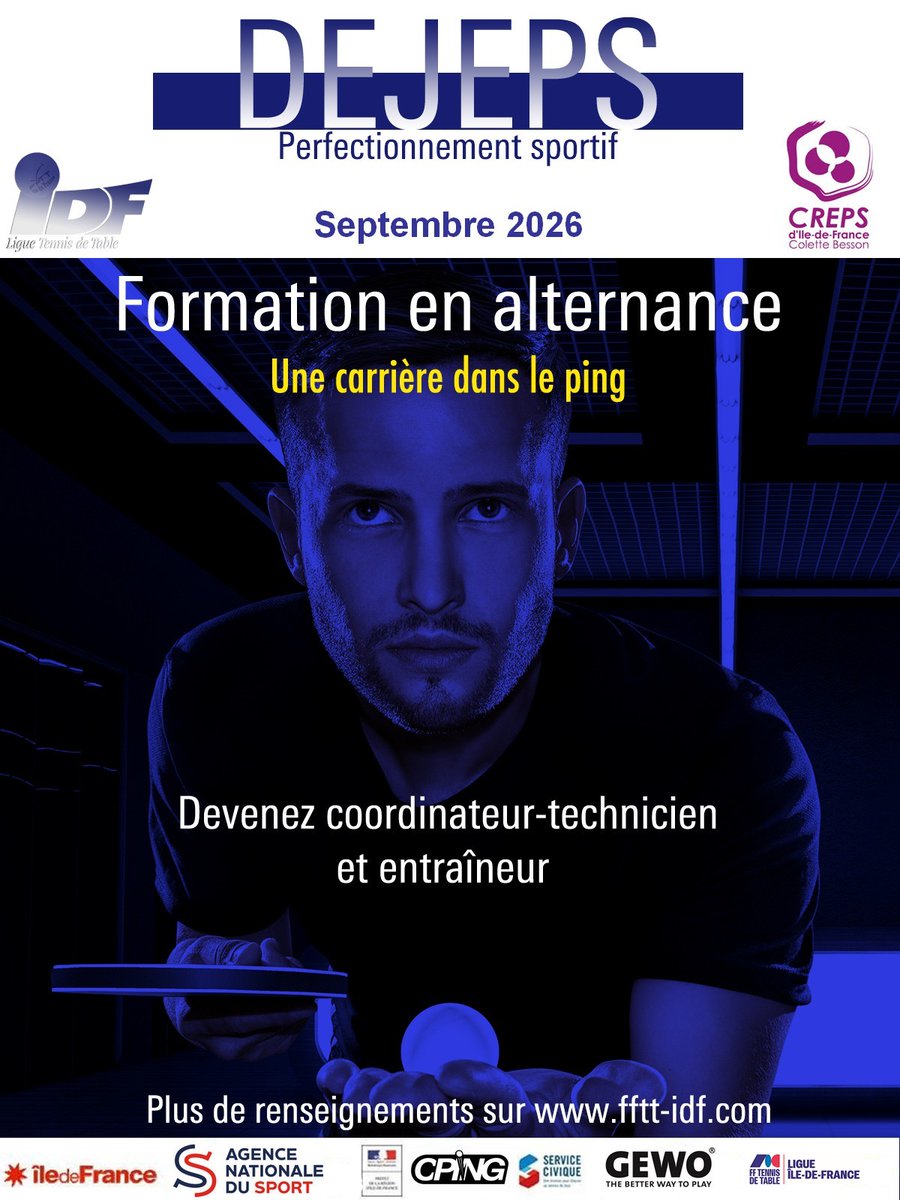 Formation DEJEPS tennis de table 2026-2027 au CREPS d'Île-de France.
Renseignements et inscriptions :
creps-idf.fr/formation.offre
à la ligue d'IDF fftt-idf.com/formation-deje…