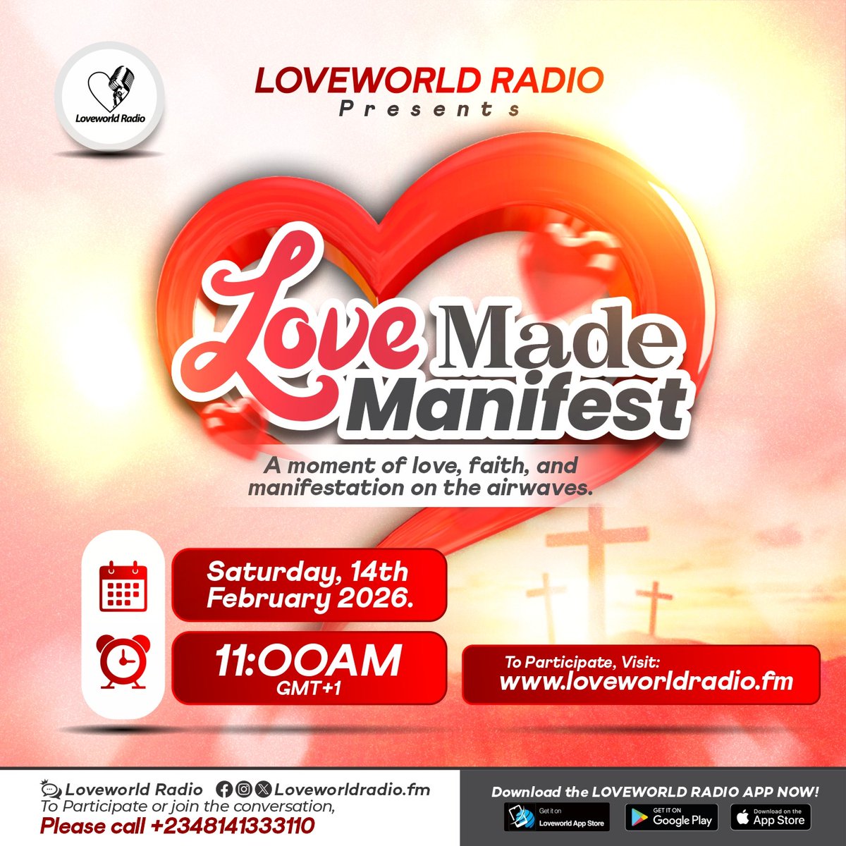 HAPPENING TODAY!

Join us as we celebrate the Endless, Unconditional, Eternal and Divine Love of God.

Theme: Love Made Manifest.

Time: 11am GMT+1.

Participating LIVE On loveworldradio.fm

Download Our Radio App👇

web.lwappstore.com/share/lW-sA-D7…

#Loveworldradio
#ValentinesDay
