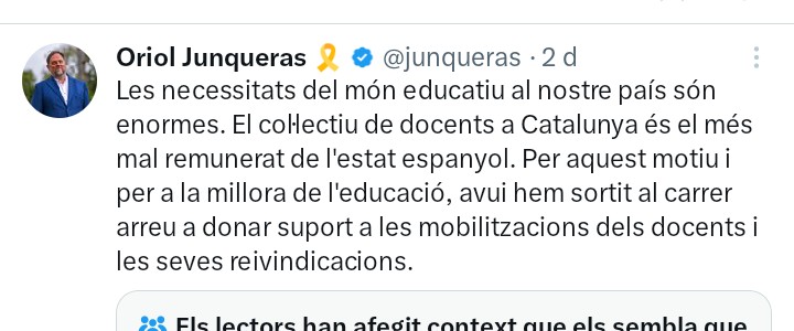 Després que, abans de l'actual, els tres darrers consellers d'educació hagin sigut d'Esquerra, escriure aquest tuit només té un nom: hipocresia.