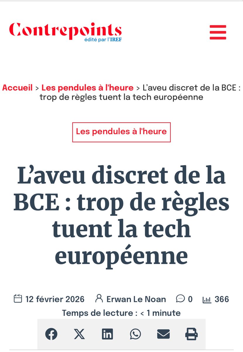 La Banque Centrale Européenne ouvre les yeux ?!

Trop de règles (normes) tueraient la tech européenne ?

Un éclair de lucidité incomplet, car c’est l’économie européenne et surtout française déjà lestée d’impôts que tuent les normes plus folles les unes que les autres…
