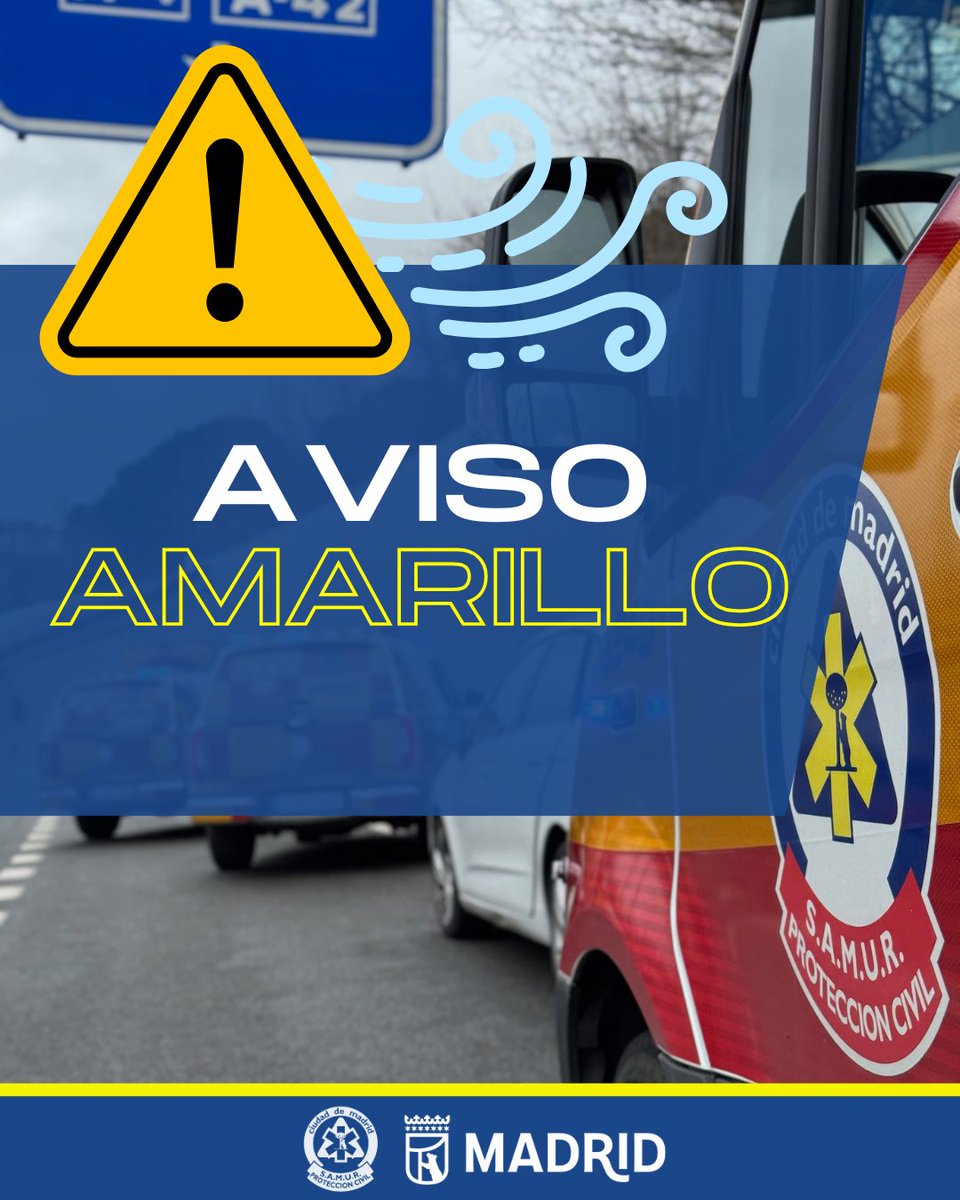 SAMUR_PC's tweet photo. 🟡Aviso AMARILLO por viento🟡

Activado en zona Metropolitana y Henares:

🕢De 07:00 a 11:00

Tenga en cuenta las recomendaciones ante episodios fuerte de viento💨

#Prevención https://t.co/uq7tWpfShA