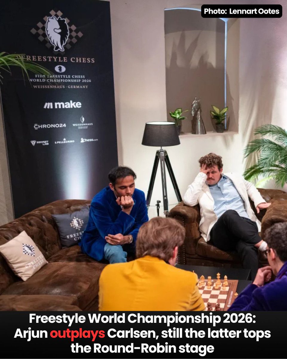 CheckmateDaily's tweet photo. Freestyle World Championship 2026: @ArjunErigaisi outplays Carlsen, still the latter tops the Round-Robin stage

📷 Lennart Ootes

#Chess #CheckmateDaily #FIDE #Freestyle #WorldChampionship #Chess960 #FischerRandom  #Weissenhaus #Germany #Norway #India https://t.co/AAxwI6CdYy