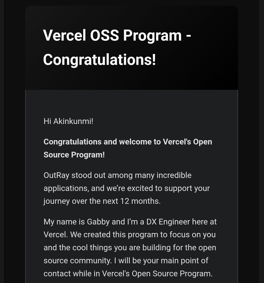 akinkunmi's tweet image. OutRay has been accepted into the Vercel OSS Program. 😎
