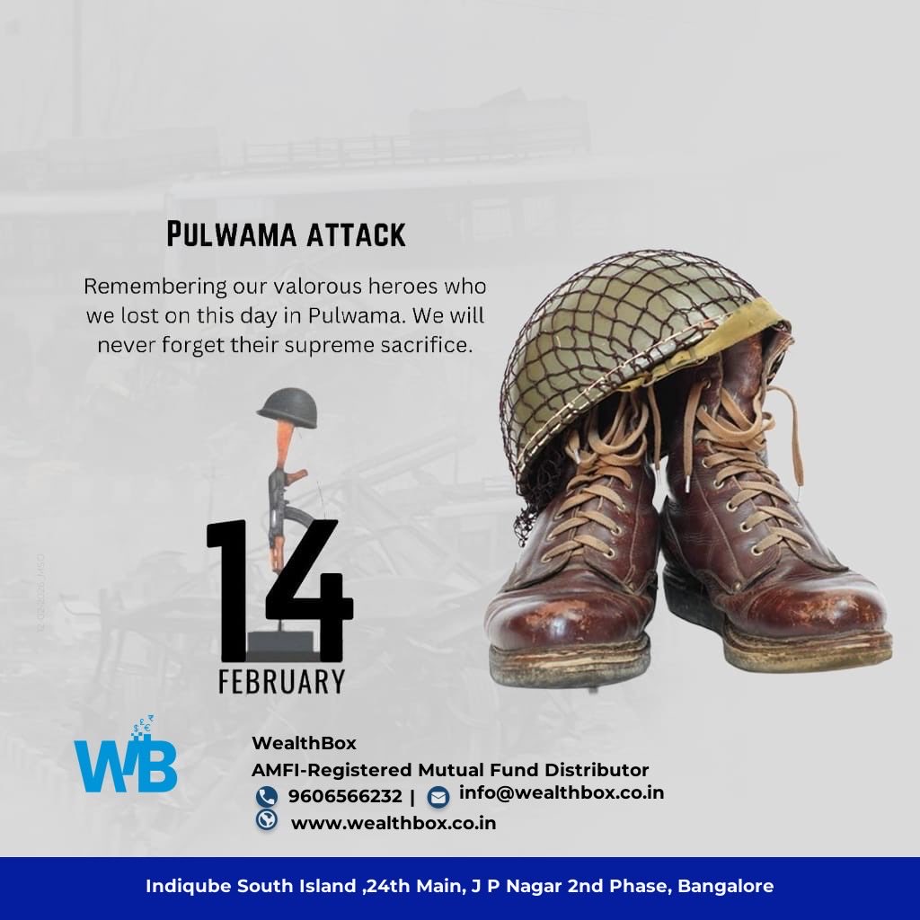 WealthBox_Off's tweet photo. Remembering the brave hearts we lost in the Pulwama attack on 14 February. 🇮🇳

Their supreme sacrifice will never be forgotten.

Salute to our heroes. 🙏

#PulwamaAttack #NeverForget #IndiaRemembers
#MarketVolatility #SIP #MutualFunds #Investments #WealthBox https://t.co/UvHnsjsAks