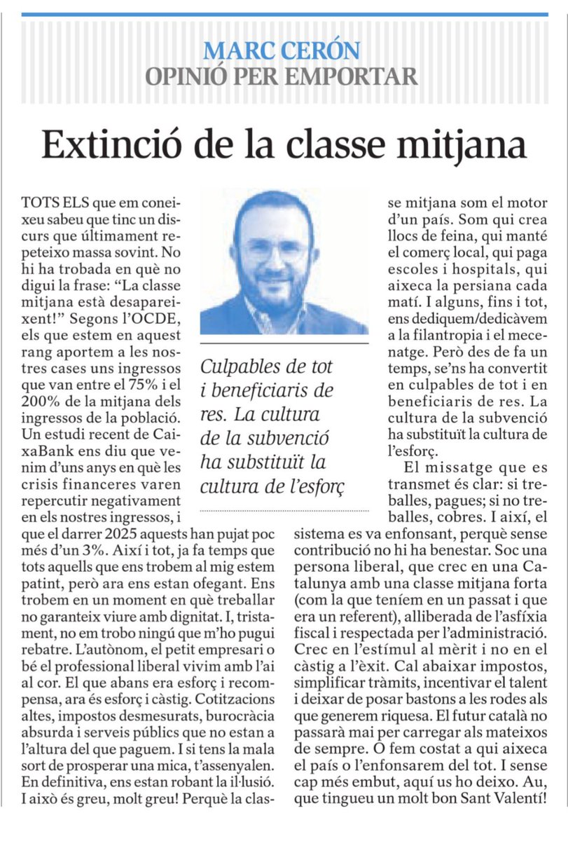 iservia's tweet photo. @marcceron avui a @SEGREcom 
Si treballes, pagues. 
Si no treballes, cobres. 

La cultura de la subvenció 
ha substituit la cultura de l'esforç. 

Bon dia dissabte feiner....