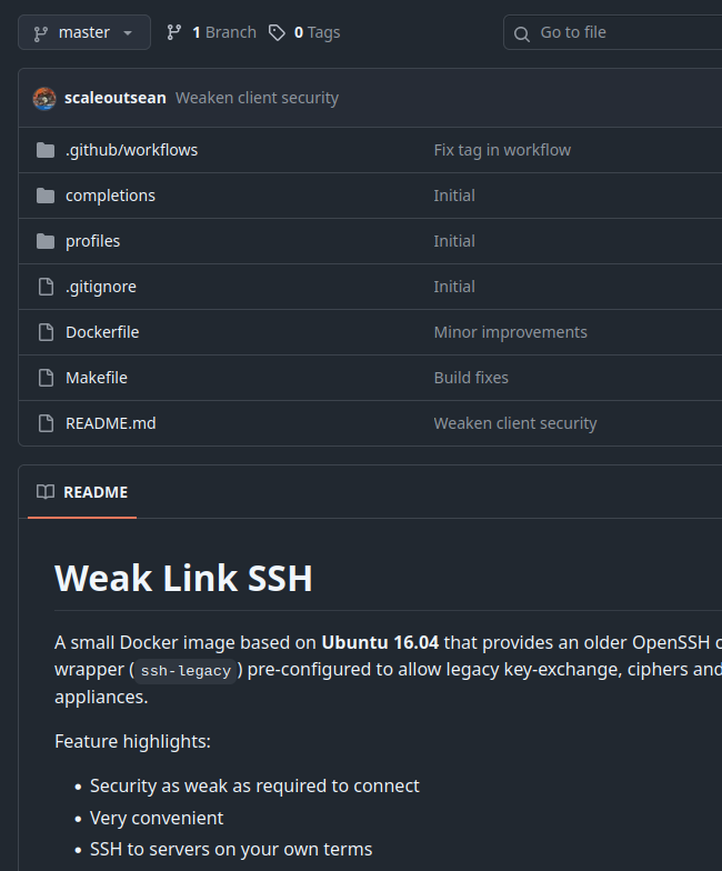 ScaleoutSean's tweet photo. weak-link-ssh lets you SSH into legacy SSH servers.
I've just added a tweak that weakens the security even further. If that's still not weak enough, submit a feature enhancement request.
#security #secops #winning
https://t.co/BqiSebcQZd https://t.co/cNhKBHKinY