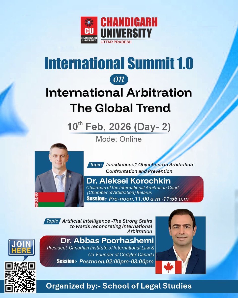 Cifile_Canada's tweet photo. The International Summit 1.0 on International Arbitration, hosted by Chandigarh University (9–12 Feb 2026), successfully convened global scholars and experts: AI and International Law
#InternationalArbitration #CIFILE #abbaspoorhashemi https://t.co/CluQXE2fa9