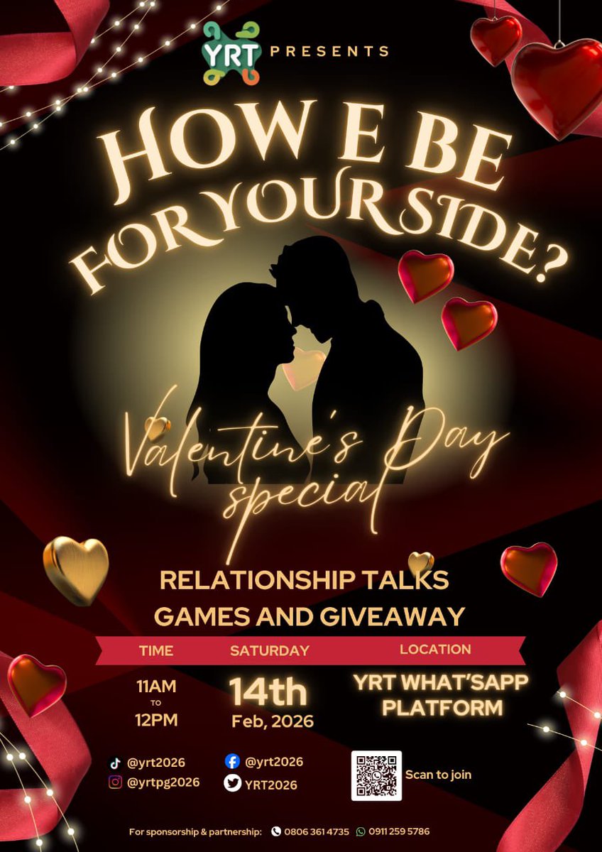 YRT2026's tweet photo. Happy Valentine’s Day, YRT Family! ❤️

Get ready for our special program: "HOW E BE FOR YOUR SIDE?" happening TODAY! 🌹

Join us for an hour of relationship talks, games, and giveaways. This is your safe space to present your views 

YRT... a safe space to be you!!! https://t.co/794Ou24vuR