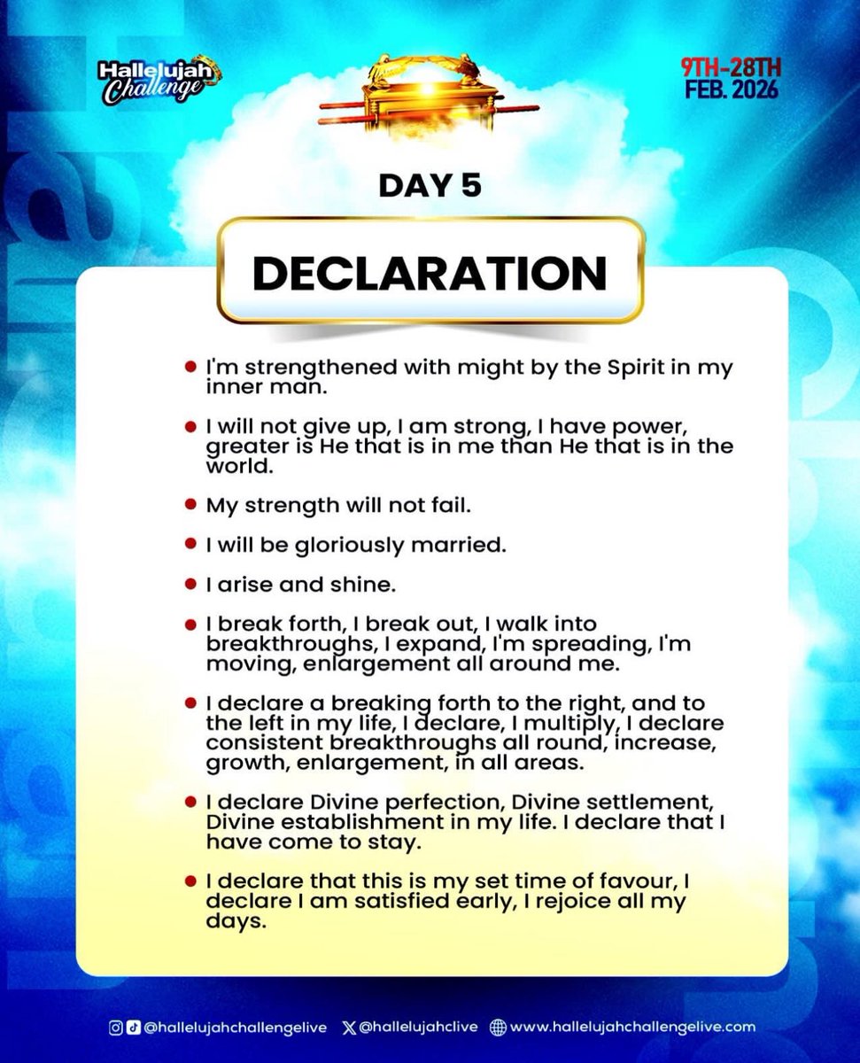 HC_XFamily's tweet photo. Powerful Declarations for Day 5 🔥

#HallelujahChallenge
#HallelujahChallenge2026
#HallelujahChallengeFeb2026 https://t.co/B6cPdL88hj