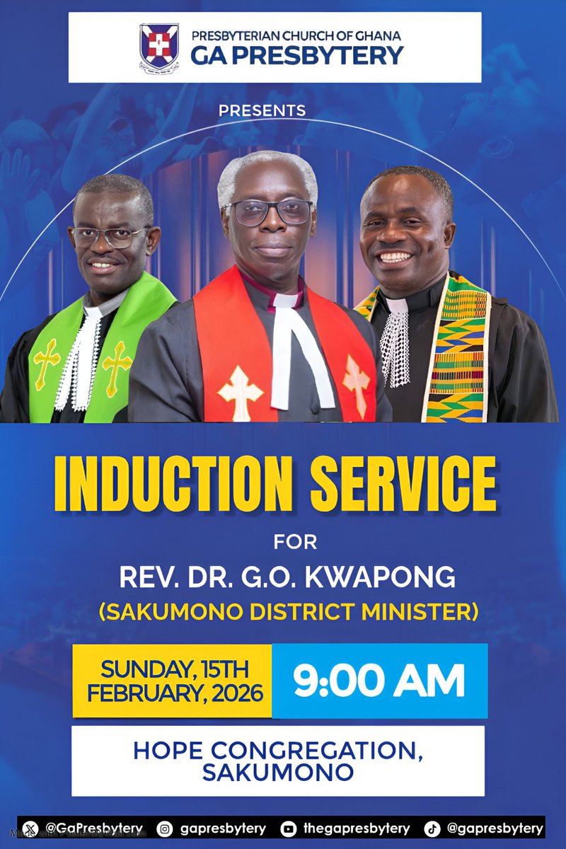 GaPresbytery's tweet photo. A new chapter begins in Sakumono as we gather in faith and unity for the Induction Service of Rev. Dr. G.O. Kwapong as District Minister. Join the Ga Presbytery as we commit this season of leadership to God’s guidance and grace.
#InductionService
#GaPresbytery https://t.co/wbyNKljoay