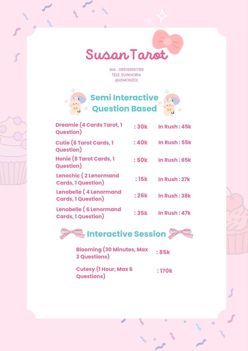 lemonzde's tweet photo. Halo Susan kembali open tarot dengan pricelist terbaru. yang membutuhkan bisa banget contact Susan di WA atau Tele ya! 🩷🍀

#zonauangㅤ #zonajajan 

t. mau jasa baca tarot reading murah https://t.co/4grWRJW3nH