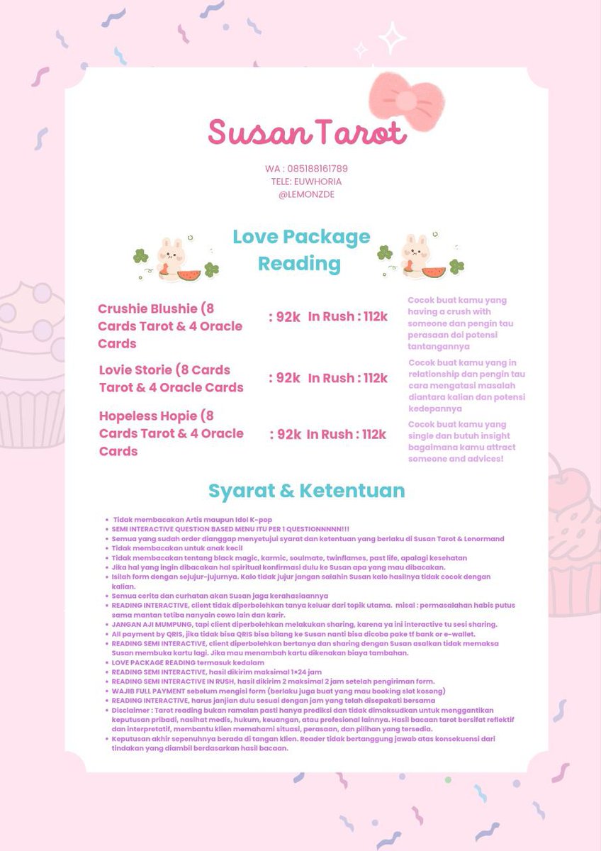 lemonzde's tweet photo. Halo Susan kembali open tarot dengan pricelist terbaru. yang membutuhkan bisa banget contact Susan di WA atau Tele ya! 🩷🍀

#zonauangㅤ #zonajajan 

t. mau jasa baca tarot reading murah https://t.co/4grWRJW3nH
