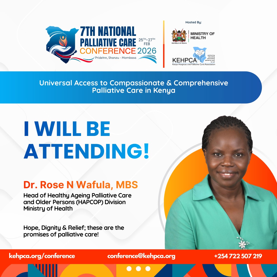 ✨ Exciting news! 
 Dr. Rose Wafula, Head of Healthy Ageing, Palliative Care and Older Persons (HAPCOP), <a href="/MOH_Kenya/">Ministry of Health</a> will be hosting you at the 7th National Palliative Care Conference!

Do you wanna miss out?

Come let’s meet, learn, &amp; make an impact in #PalliativeCare