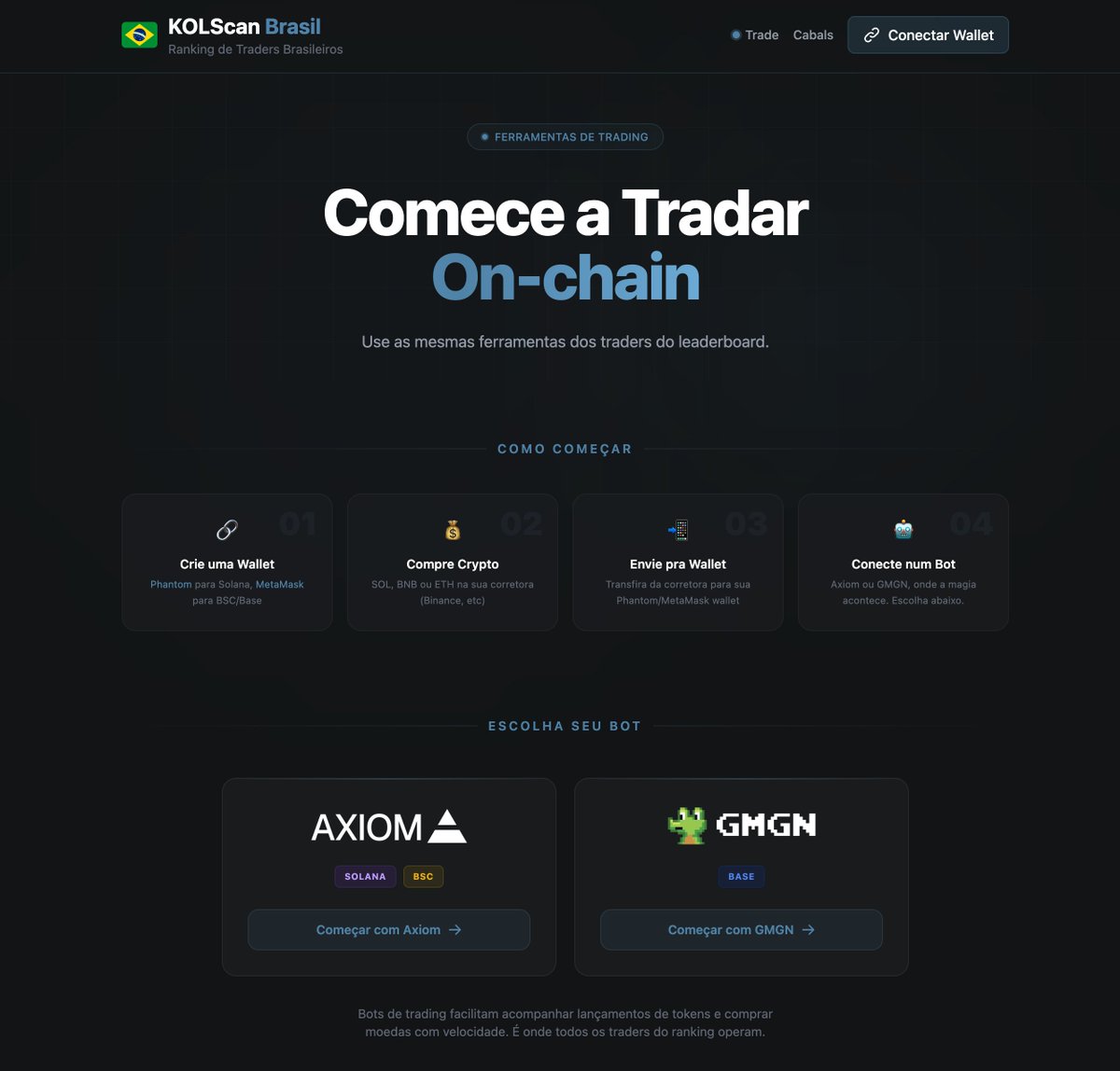 Nova atualização no KOLScan Brasil! 🇧🇷

Agora o site tem uma página dedicada pra quem quer começar a tradar onchain.

4 passos simples + os mesmos bots que os traders do ranking usam (Axiom e GMGN). 

kolscanbrasil.io/trade