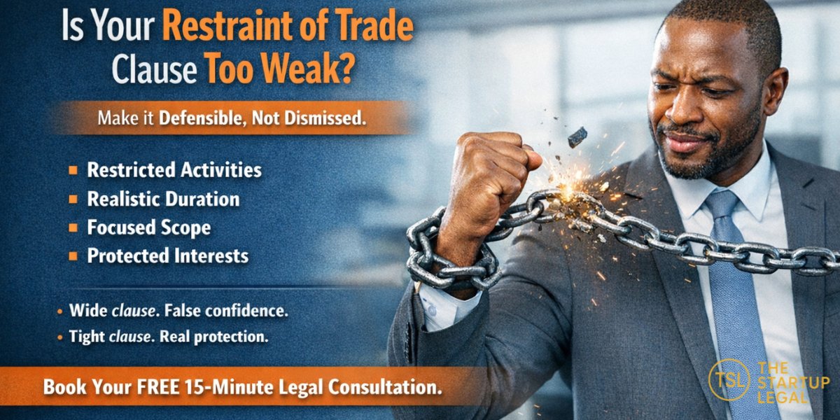 a restraint of trade clause is not a force field.
too wide = easy to challenge.
make it specific: activities, duration, area, and what you are protecting. trade secrets, client relationships, know-how.

book a free 15-minute consult and let’s fix yours.

🔗