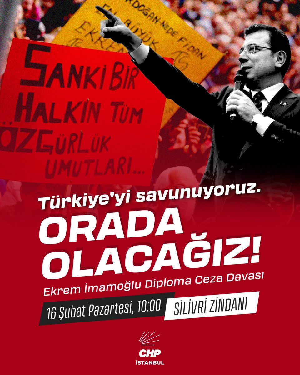 Türkiye’yi savunuyoruz!

Cumhurbaşkanı adayımız Ekrem İmamoğlu'nun diplomasıyla ilgili açılan ceza davasını takip etmek için Silivri’de olacağız. 

🗓️16 Şubat Pazartesi | 10.00
📍Silivri Zindanı