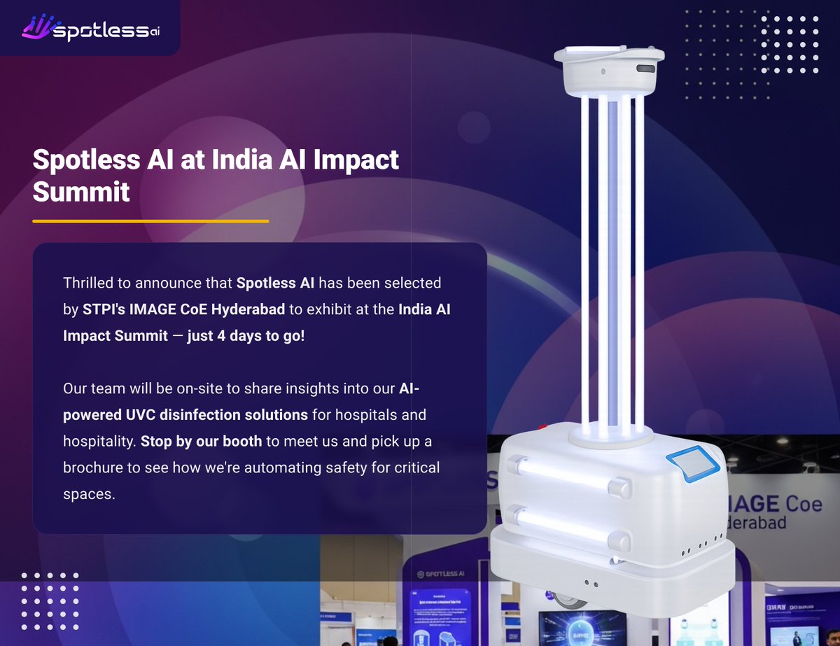Spotless_ai's tweet photo. Spotless AI at India AI Impact Summit
#IndiaAIImpactSummit #SpotlessAI #IMAGECOE #IndiaAI #UVCDisinfection #AIforGood #Innovation https://t.co/eAXMDGneWe
