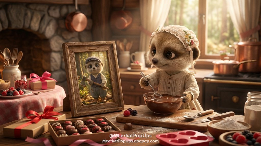 2月14日は「バレンタインデー」です 🍫🎁
February 14th is "Valentine's Day" 🍫🎁

出稼ぎに行っている木こりの彼氏を想いながら、手作りチョコを作っている彼女の設定 💕
（決して遺影ではない）

#AIArt #DigitalArt #Meerkat #ミーアキャット