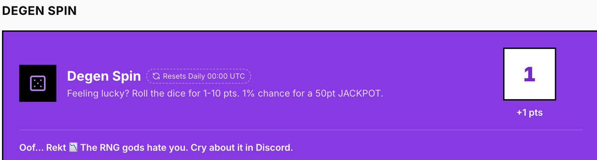 Only 1 point today in my dice role. REKT... LOL.. 

Still  gonna be chaing that 50 point  roll. 

Tomorrow is another day collecting those <a href="/axpha_io/">Axpha | Build on Arc</a> ponts. 

#Axpha