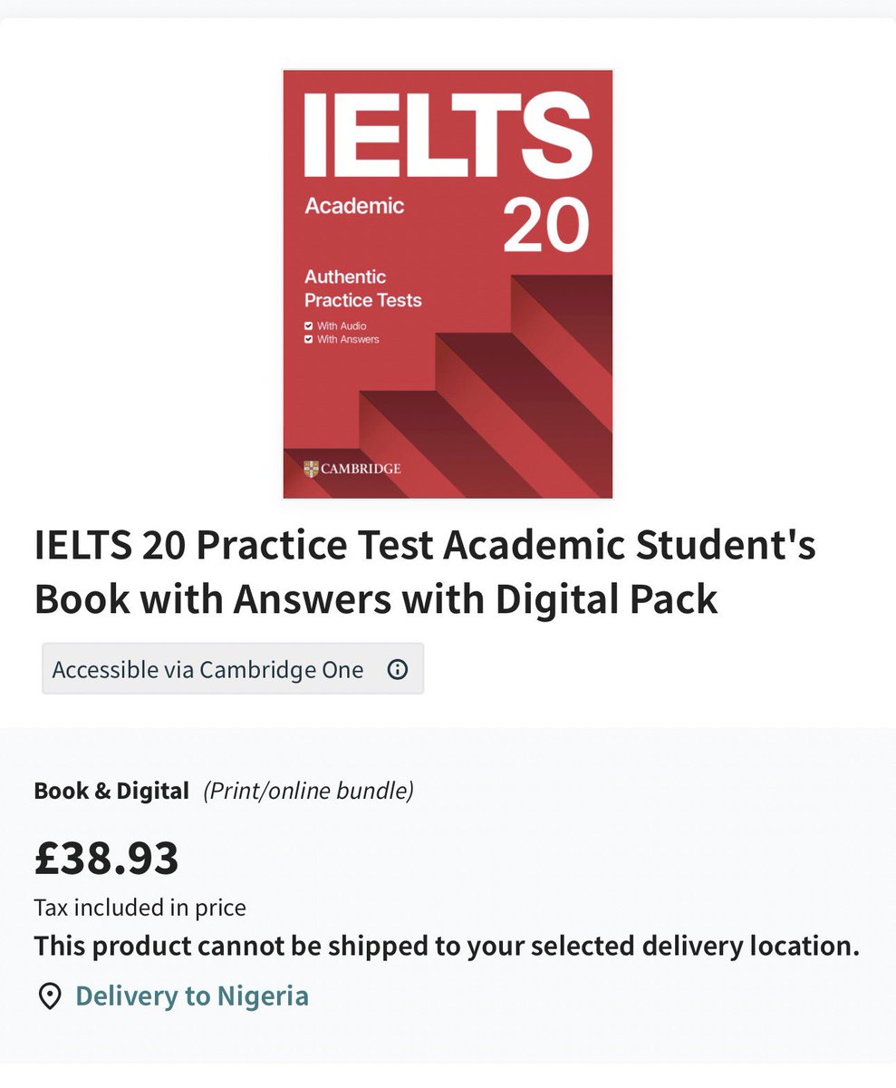 IELTS 20 Practice Test Academic Student's Book with Answers with Digital Pack. 

This product cannot be shipped to your selected delivery location. 

Delivery to Nigeria is not allowed except to; 

Thailand, England, Liechtenstein, Ecuador, Germany, Romania, America, Malta.