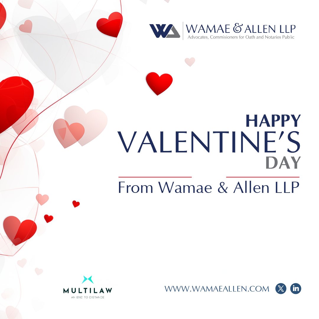 WamaeAllen's tweet image. Thank you for letting Wamae &amp;amp; Allen LLP be your trusted legal advisors.

Warm wishes to you this Valentine’s Day.

#WamaeAndAllenLLP #Valentine