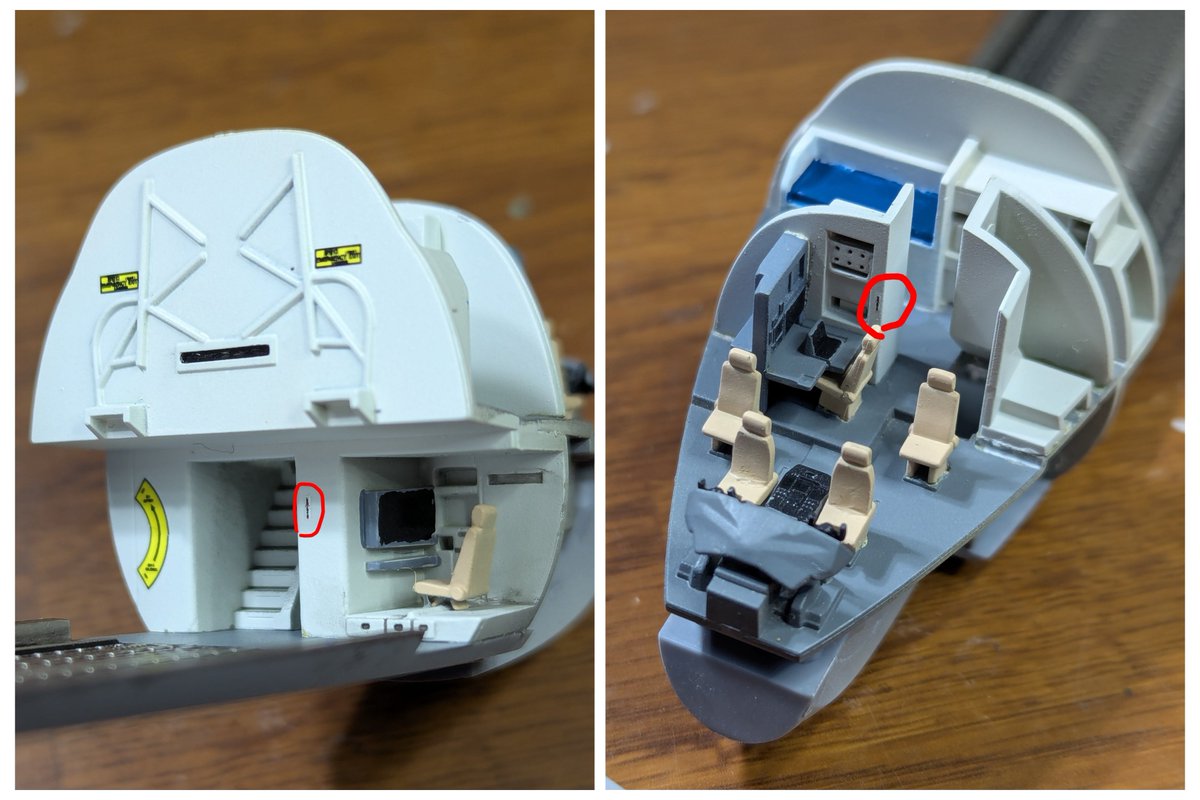 アオシマ 1/144 C-2
仮眠用ベッドや電子レンジの筆での塗り分け、小窓の接着等に難儀しましたが、内装が何とか完了しました💦
安全飛行のお札のデカールが2枚付いていて、「お好きな所にお貼り下さい」とのことでした(赤丸)。プラモデルでもクルーの安全祈願を忘れないなんて、なんかいいですね😊