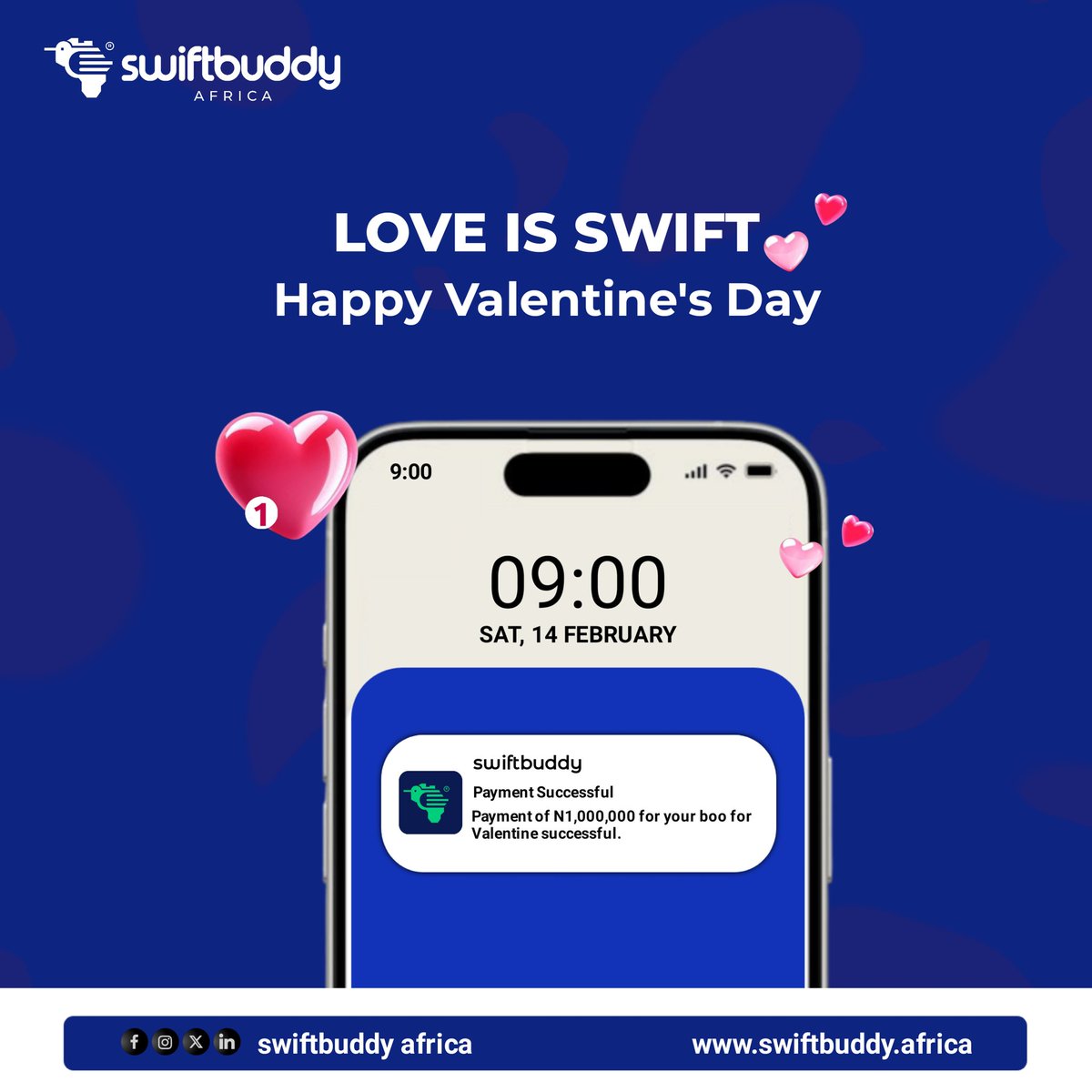 swiftbuddyNG's tweet photo. True love is swift like Swiftbuddy.

Happy Valentine's Day.

Get ready for swift transactions. Sign up to our waitlist.

#valentineday #swiftbuddyng #swiftbuddyafrica https://t.co/A8ApIbGqm2