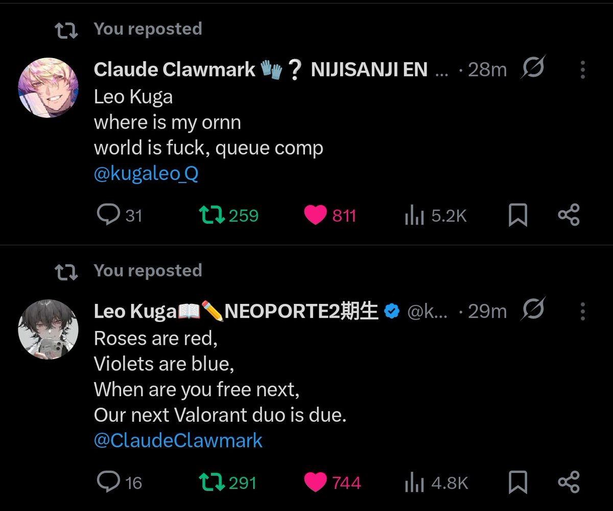 both of them writing poems about duoing in valo ajdbshshs… meanwhile their last valo duo stream was jan 3. JANUARY 3. it’s been so long, my goats. too long ಥ_ಥ

one’s just there waiting for the other’s schedule to clear up, and the other’s lowkey sulking because his duo is