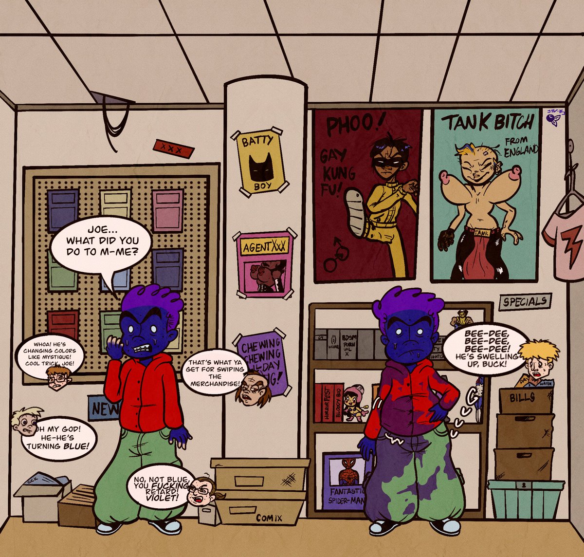 A new sequence! 
*all characters are depicted as 18+*
We have comic nerds blowing up into blueberries now!