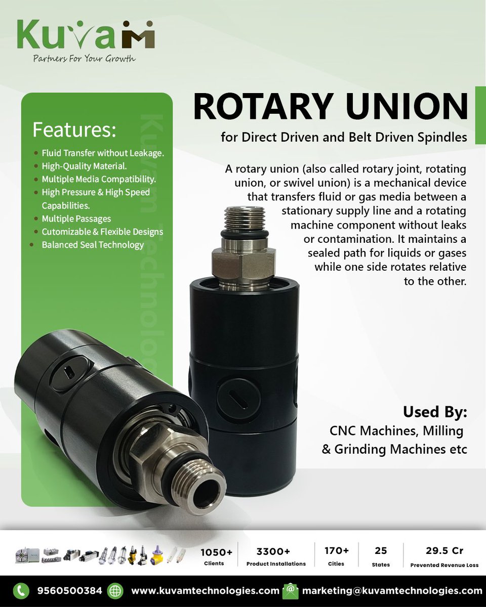 kuvamTechnology's tweet photo. Rotary Union for direct and belt-driven spindles ensures leak-free fluid transfer and reliable performance. Book a consultation with our engineer today. Call/WhatsApp: +91 84489 96972.

#MachineEfficiency #rotaryunion #AutomationSolutions #IndustrialInnovation #kuvamtechnologies https://t.co/pSc2Bbu7Vn