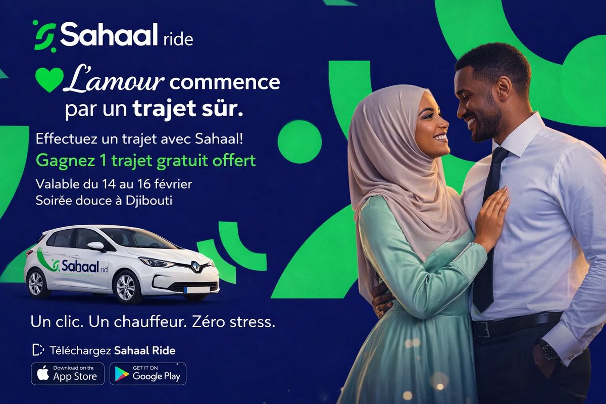 L’amour n’attend pas.

Le plus beau cadeau… c’est qu’elle rentre en sécurité.
Du 14 au 16 février, faites un trajet… recevez-en un offert.

Un clic. Un chauffeur. Zéro stress.

play.google.com/store/apps/det…
Rejoignez chat.whatsapp.com/IDpQHHd7OViLiE…

#SahaalRide #SaintValentin #MobilitéDjib