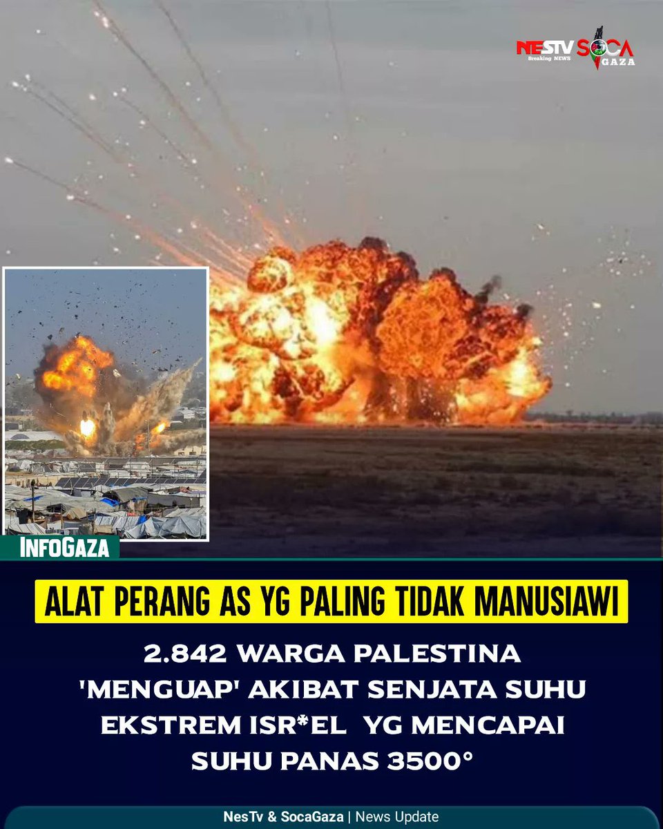 mohon tetap doakan Palestina ya guys…

semoga mereka menghadapi Ramadhan dalam kedamaian dan kebahagiaan.

sampai detik ini, sejak zionis laknat pakai senjata termal yg sadis, 2000 lebih warga Palestina menghilang dan susah dilacak jasadnya karena mereka ‘menguap’ akibat senjata