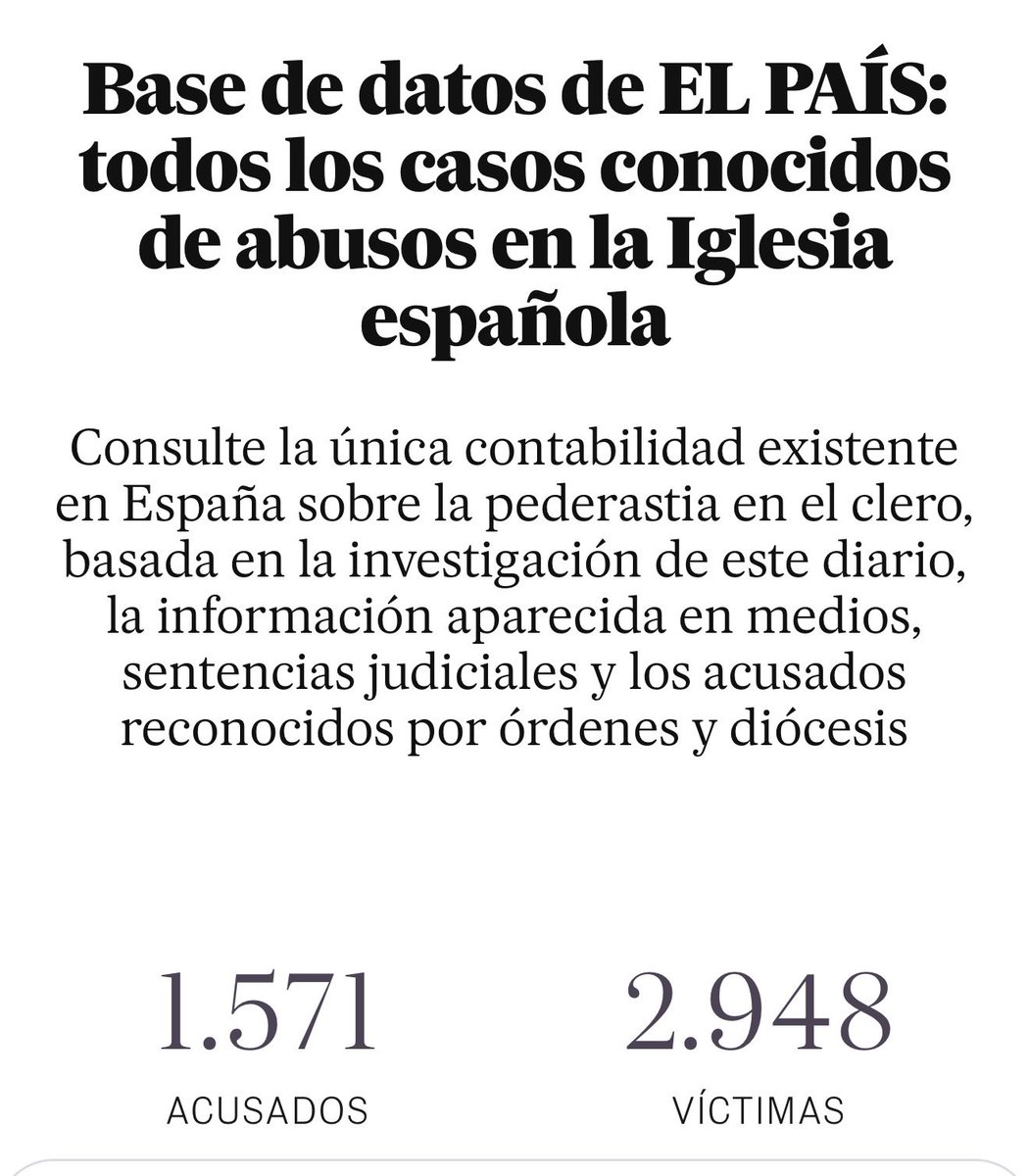 Que mucho papeles de Epstein pero no olvidar … 

Iglesia Católica Española  

1.571 acusados de abusos 
2.948 víctimas 

Y eso las conocidas … imaginaros lo que ha quedado y queda por denunciar