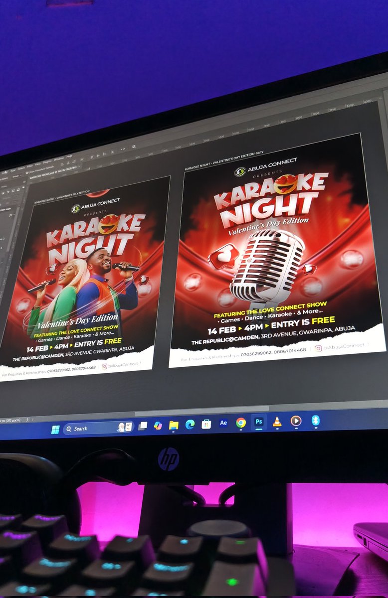 Accepted      vs      Rejected. 

An event flyer design for Karaoke Night Valentine Edition. 

The client likes the initial design but prefers the studio microphone to the couples.

Which do you prefer? A or B? 

#GraphicDesigner #Valentine #photoshop #flyer