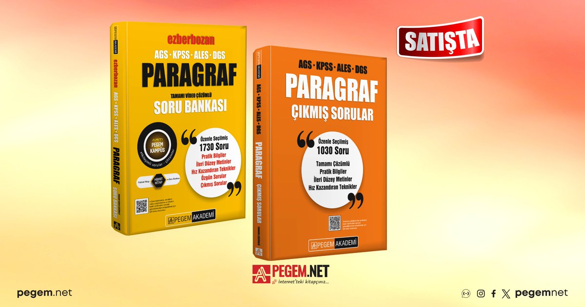 AGS-KPSS-ALES-DGS Ezberbozan Paragraf Tamamı Video Çözümlü Soru Bankası ve AGS-KPSS-ALES-DGS Paragraf Tamamı Çözümlü Çıkmış Sorular kitaplarımız satışta!

İncelemek için 👉🏻 pegem.net

#pegemnet #paragrafsorubankası #paragraf #paragrafçıkmışsorular