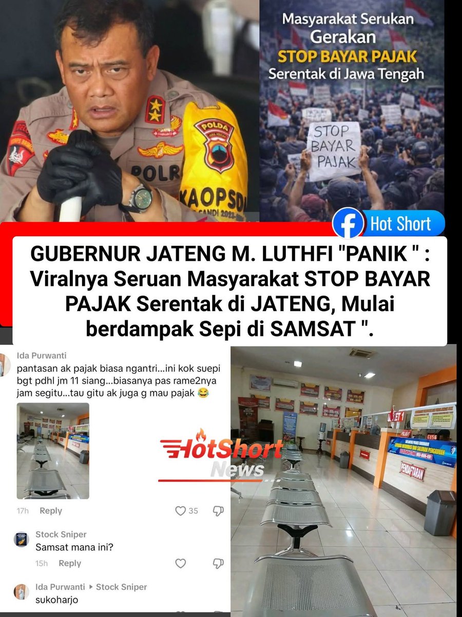 Gubernur Jateng mulai "PANIK"..‼️
Viralnya Seruan Masyarakat STOP BAYAR PAJAK Serentak di JATENG, Mulai Berdampak Sepi Di SAMSAT.