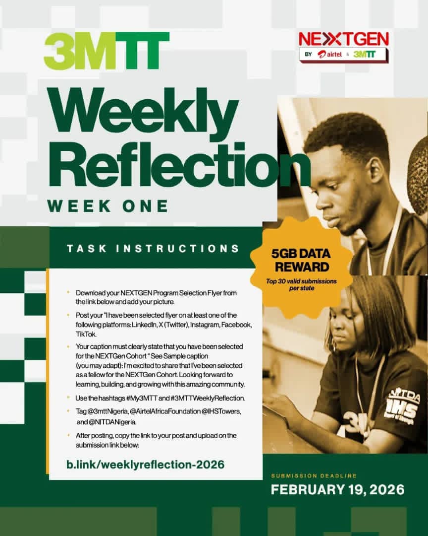 alexanderbayor's tweet photo. Yes! I've been selected for the NEXTGen x 3MTT Cohort 🎉 Looking forward to leveling up my tech skills with this amazing program. Check out my customized flyer!
#My3MTT #3MTTWeeklyReflection @3mttNigeria @IHSTowers @NITDANigeria https://t.co/4i2uK4VrRX