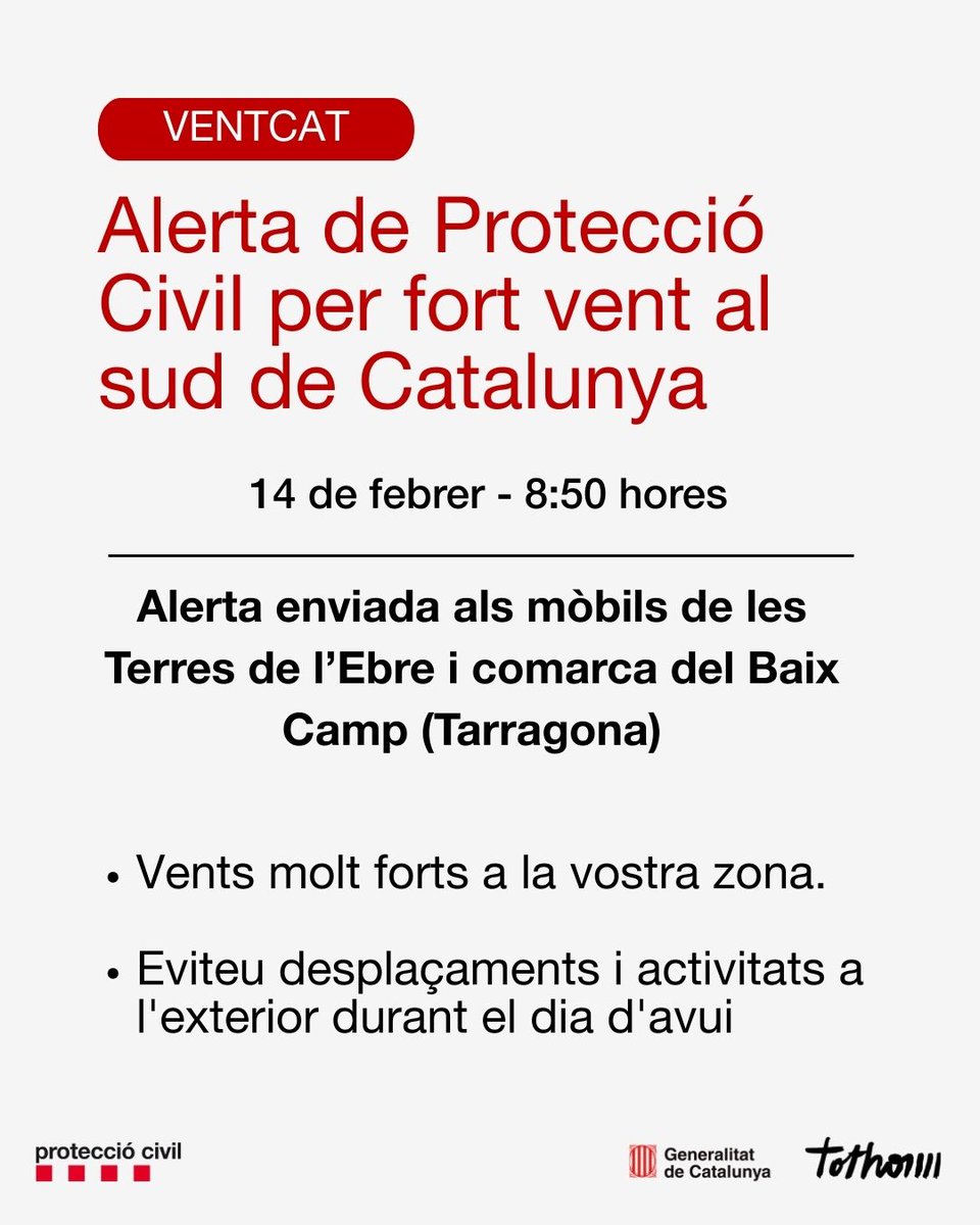 emergenciescat's tweet image. ⭕ Enviem alerta als telèfons mòbils 📱 de les Terres de l'Ebre i el Baix Camp (Tarragona) pel fort vent 🌬️

Es demana evitar desplaçaments i activitats a l'exterior durant el dia d'avui

Alerta pla #VENTCAT #AlertaCat