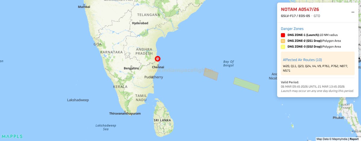 ispaceflight_in's tweet image. NOTAM Update: The earlier #NOTAM A0417/26 for the GSLV-F17 mission (originally set for Feb 20–Mar 05) has been canceled.

A new #NOTAM designated A0547/26 has been issued for the deployment of EOS-05 (GISAT-1A). The new launch period is 06 March through 21 March 2026, with a