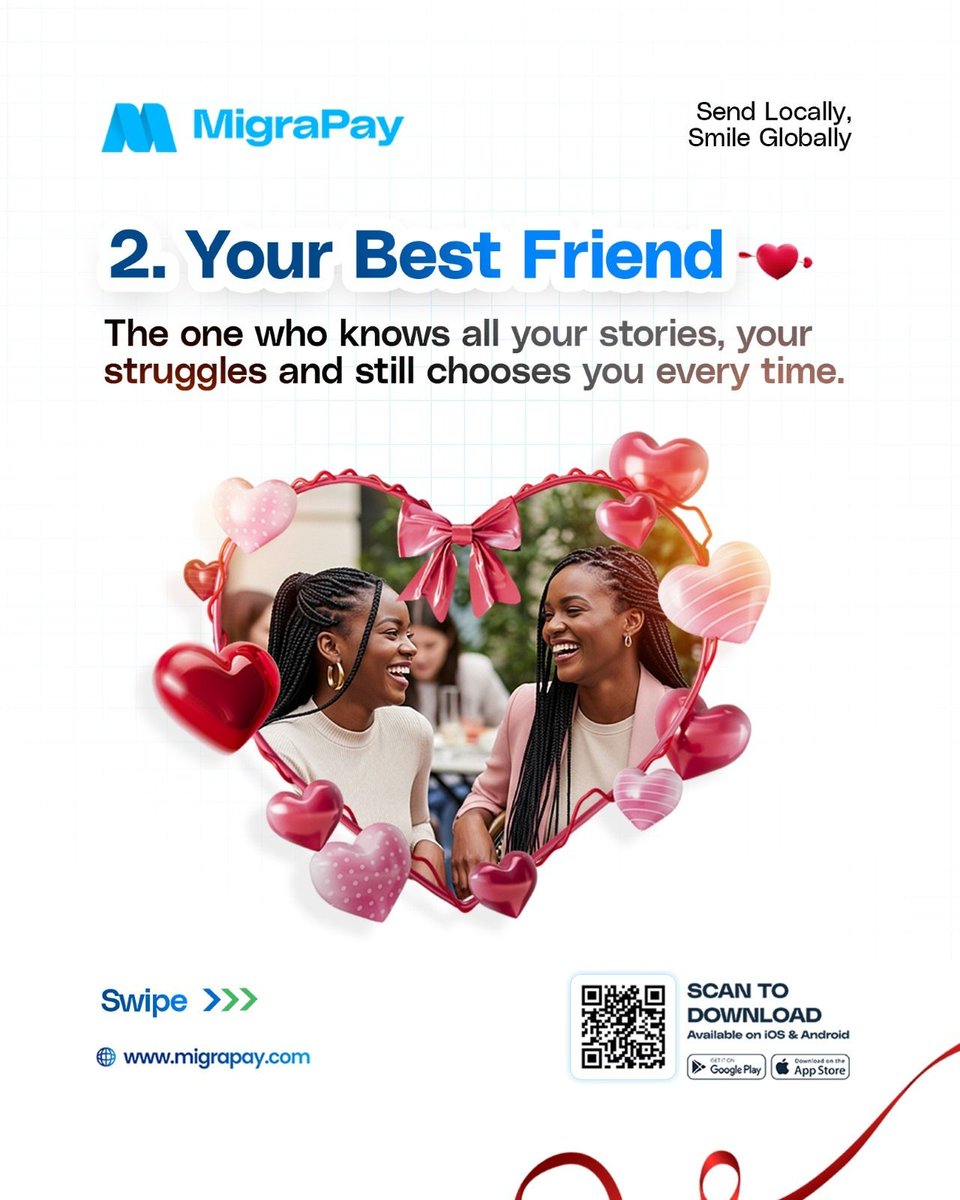 MigraPay's tweet photo. This Valentine's: Send love beyond words ❤️
Fast remittance to Africa with MigraPay – zero fees, best rates, instant delivery.
Make their day special from afar. Download now 👇
#ValentinesDay #MigraPay #SendLove https://t.co/A5mkZNjsIR