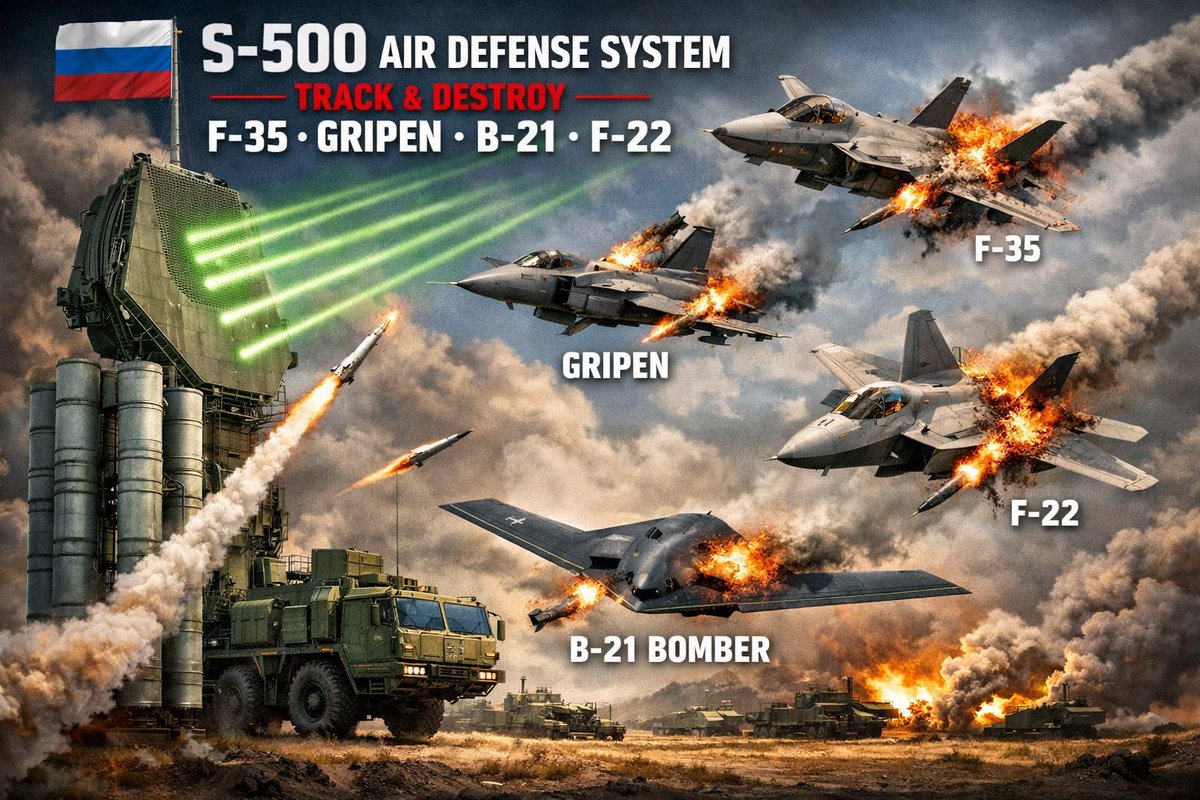 isumansingh's tweet image. 🚨Breaking🚨

Russia claims, Russian S-500 air Defense can track and Destroy American F-35, Swedish SAAB Gripen, B-21 bombers and F-22 within minutes.

#S500 #F35 #F22 #B2Bombers #Russia #USA #WAR #Missile